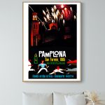Affiche vintage de Pamplona, San Fermín 1965, avec feux d'artifice.