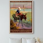 Affiche vintage de l'île de Ré avec un âne en culotte et une femme, évoquant le charme de la région.