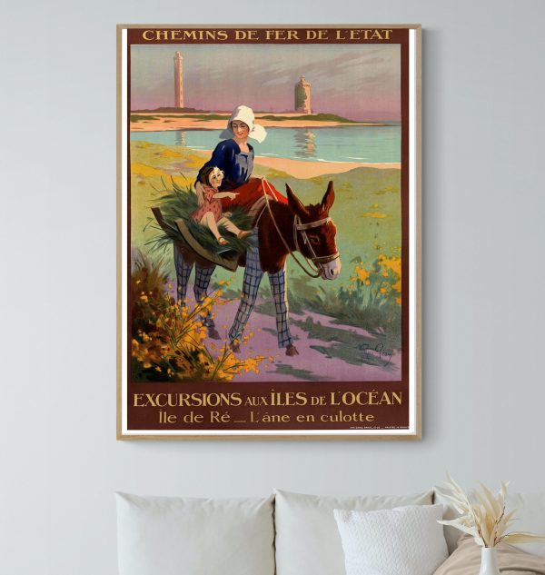 Affiche vintage de l'île de Ré avec un âne en culotte et une femme, évoquant le charme de la région.