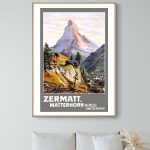 Affiche vintage du Mont Blanc, sommet emblématique en Suisse, idéale pour décoration murale.
