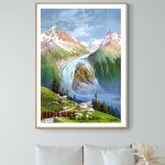 Affiche vintage de Brantôme, paysage avec montagnes, rivière et nature, style artistique coloré.