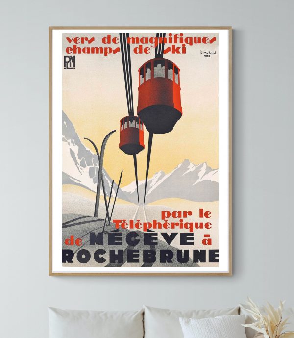 Affiche vintage du téléphérique de Megève à Rochebrune, 40x60 cm, décoration montagne.
