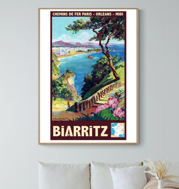 Affiche vintage Biarritz, illustration colorée de la côte basque et de la mer.