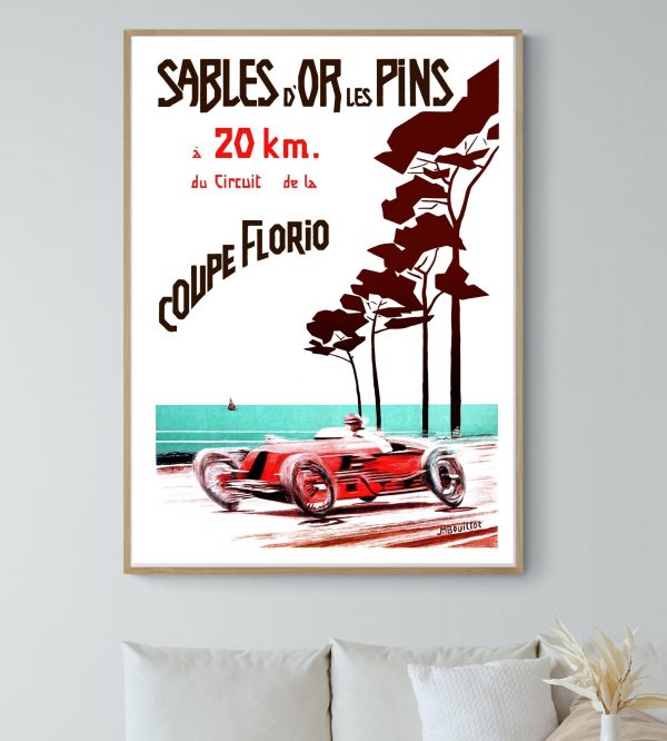 Affiche vintage course automobile Sables d'Or les Pins, circuit de la Coupe Florio, 20 km.