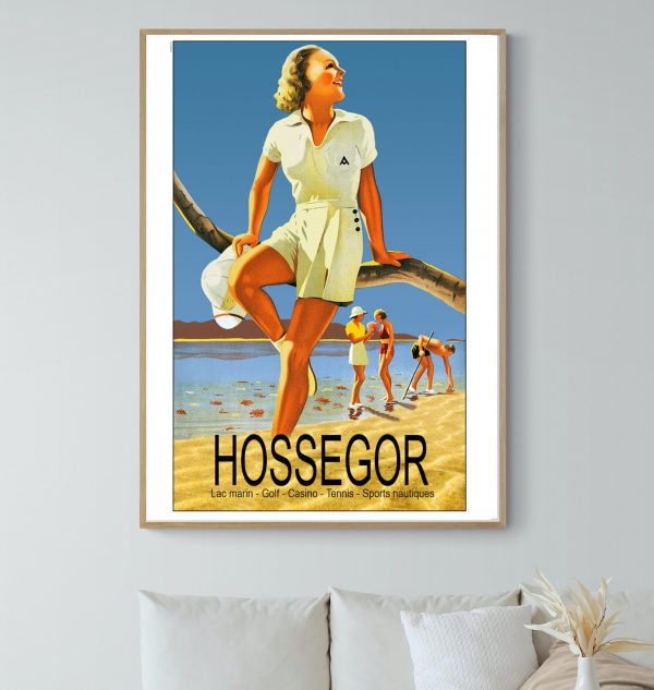 Affiche vintage Hossegor avec scène de plage et surf, style rétro. Parfaite décoration pour amateurs.