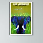 Affiche vintage Air Afrique avec éléphant et avion, décoration rétro aérienne.