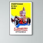 Affiche vintage du Grand Prix automobile de Perpignan, datant de 1949.