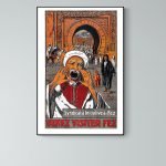 Panneau vintage invitant à visiter la ville de Fez, avec un fond architectural marocain et un person.