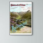 Affiche vintage représentant la région Auvergne et ses montagnes, avec un train et un paysage pittor.