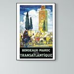 Affiche vintage représentant un voyage transatlantique entre la France, le Maroc et l'Algérie.