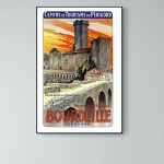 Panneau touristique vintage de Bordeille, Dordogne, avec château et pont historique.