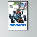 Affiche vintage du 25e Grand Prix de Monaco 1967 avec voitures de course historiques.