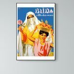 Affiche vintage représentant Blida, ville des roses en Algérie, avec deux femmes traditionnelles.