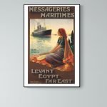 Affiche vintage de Messageries Maritimes avec navire et femme orientale.