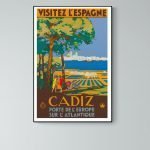 Affiche vintage Cadiz, destination touristique en Espagne, plage et paysage maritime.