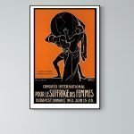 Affiche vintage sur le suffrage des femmes, illustrant une femme portant un globe, avec un style gra.