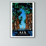 Affiche vintage représentant la mer, la montagne et le soleil au Pays Basque, avec un style artistiq.