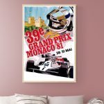 Affiche vintage du 39e Grand Prix de Monaco 1981, avec un pilote de F1 et le château de Monaco en ar.