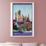 Affiche vintage de l'Abbaye de Jumièges, illustrant les ruines historiques et la nature environnante.