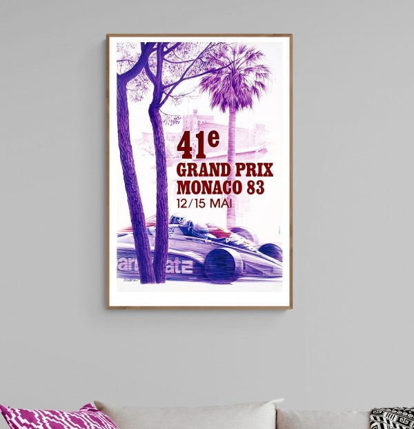 Affiche vintage du Grand Prix de Monaco 1983 avec voiture de course et palmier.