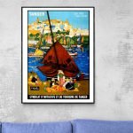 Affiche vintage de Tanger avec scène portuaire colorée et ambiance maritime.