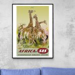 Affiche vintage représentant des girafes en Afrique, style artistique coloré et rétro.