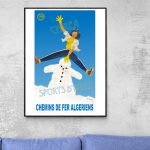 Affiche vintage pour activités hivernales à Moulay Idriss, avec un bonhomme de neige et une jeune fi.