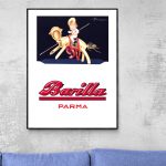 Affiche vintage Barilla avec un chevalier en armure, évoquant l'Italie et la tradition culinaire.