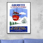 Affiche vintage de Gourette, station de ski dans les Pyrénées, avec télécabine et paysages enneigés.
