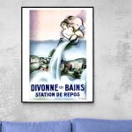 Affiche vintage pour Divonne les Bains, station thermale avec source d'eau et paysages pittoresques.