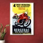 Affiche vintage du circuit moto et side-car de Bergerac, datant de 1951, avec pilotes en action.