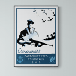 Affiche vintage de parachutistes coloniaux SAS avec soldat et avions en vol.