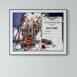 Diplôme de sapeur-pompier ancien, illustration de lutte contre l'incendie, affiche rétro de pompier.