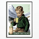 Affiche vintage de menthe pastille avec montagne en arrière-plan, évoquant la fraîcheur et la tradit.