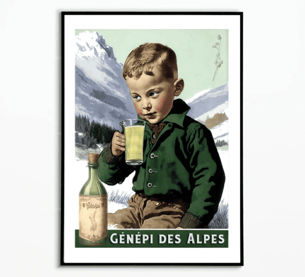 Affiche vintage de menthe pastille avec montagne en arrière-plan, évoquant la fraîcheur et la tradit.