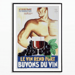Affiche vintage sur le vin de France avec un homme et un verre de vin rouge, mettant en valeur la fo.