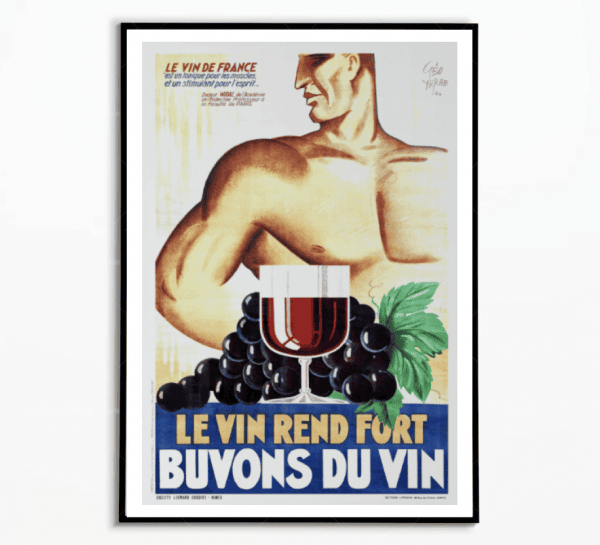 Affiche vintage sur le vin de France avec un homme et un verre de vin rouge, mettant en valeur la fo.
