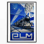Affiche vintage de train à vapeur avec logo DLM, illustrant un style rétro et industriel.