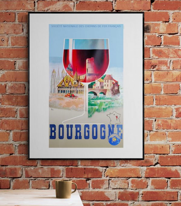 Affiche vintage de Bourgogne avec verre de vin rouge et paysages locaux.
