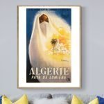 Affiche vintage Moulay Idriss, ville sainte de Djebel Zehroun, en Algérie, avec une femme en voile e.