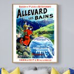 Affiche vintage Allevard les Bains, promotion touristique avec illustration colorée et détails histo.
