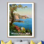 Affiche vintage de Beaulieu-sur-Mer avec vue sur la mer et la côte d'Azur.