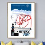 Affiche vintage de Megève Very avec plan de ski et montagnes.