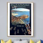 Affiche vintage du Rallye MonteCarlo 1911, illustrant l'événement historique avec voitures anciennes.