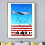 Affiche vintage Air Algérie avec avion rétro et design coloré. Parfait pour décoration aéronautique.