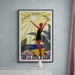 Affiche vintage "Le Soleil Toute l'Année" sur la Côte d'Azur, illustrant un style rétro et coloré.