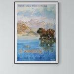 Affiche vintage du Lac d'Annecy, paysage avec montagnes et arbres, style rétro.