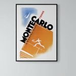 Affiche vintage de tennis Montecarlo, style rétro avec illustration de joueur et logo du club.