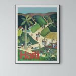 Affiche vintage Haïti avec paysages colorés et éléments culturels.