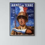 Affiche vintage de l'Armée de Terre avec soldat en uniforme et drapeau français.